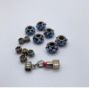 Pandora Bracelet Blue Enamel Flower charms, Lipstick charm, Spacer beads